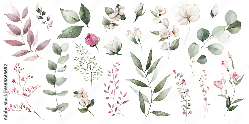 Wall mural watercolor floral illustration bouquet set - green leaves, pink peach blush white flowers branches. 