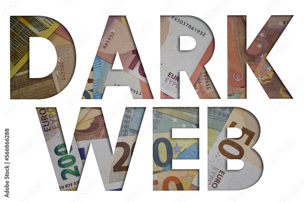 Poster dark web word with money. paper currency background with different banknotes.