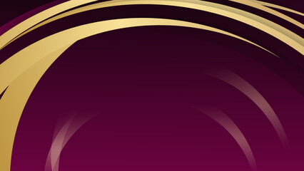 Wavy 3d gold ribbon on purple background with lighting effect and copy space for text. Luxury design style.