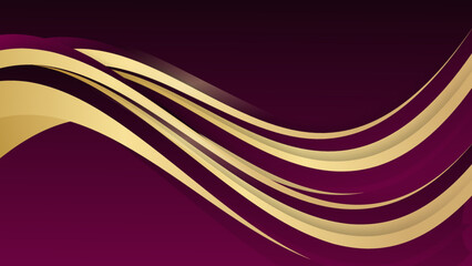 Wavy 3d gold ribbon on purple background with lighting effect and copy space for text. Luxury design style.