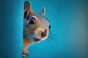 Surprised squirrel, sciurus, cautiously peeks around a corner, against a blue background, created with Generative AI technology. Copy space.  - obrazy, fototapety, plakaty