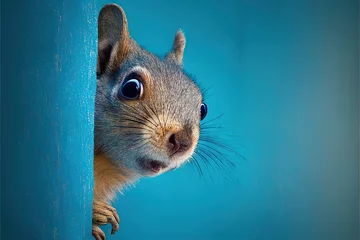 Fotobehang Surprised squirrel, sciurus, cautiously peeks around a corner, against a blue background, created with Generative AI technology. Copy space.  © koldunova