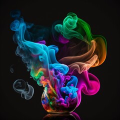 Vivid, ethereal, rainbow-colored smoke wisping against a stark black backdrop, billowing, dreamy plume, brilliant fusion of hues swirling