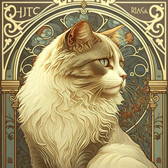 Cats, luxury, illustrations., inspired by Alfons Mucha