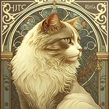 Cats, luxury, illustrations., inspired by Alfons Mucha