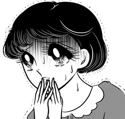 昭和レトロ70年代白黒ペン画少女漫画ゾッとして怯える黒髪の女の子達のホラーイラスト透過背景