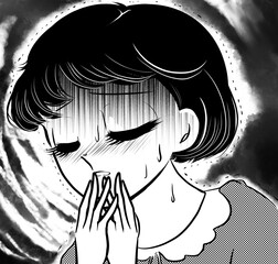 昭和レトロ70年代白黒ペン画少女漫画目を閉じゾッとして怯える黒髪の女の子達のホラーイラスト暗雲背景