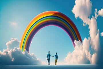 Two men look at the colorful rainbow in the blue sky created with generative ai technology