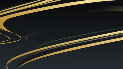 Shiny color gold wave design element with light effect on dark background. Minimal black scene with golden lines.