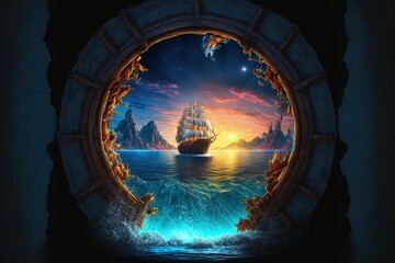 Landscape with portal in the sea with pirate ship and island in the background. Generative AI