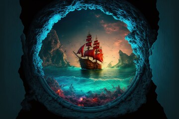 Naklejka premium Landscape with portal in the sea with pirate ship and island in the background. Generative AI