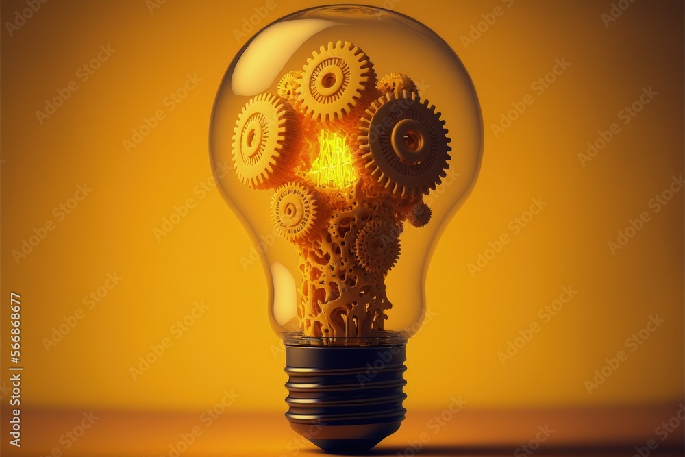 Wall mural light bulb with gears, ideas concept, yellow background. generative ai