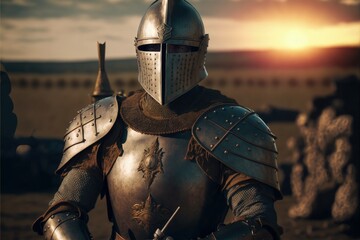 Medieval knight in armor, castle guard, battlefield in background. Generative AI - obrazy, fototapety, plakaty