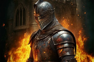 Medieval knight in armor, guarding the castle, burning castle in the background. Generative AI