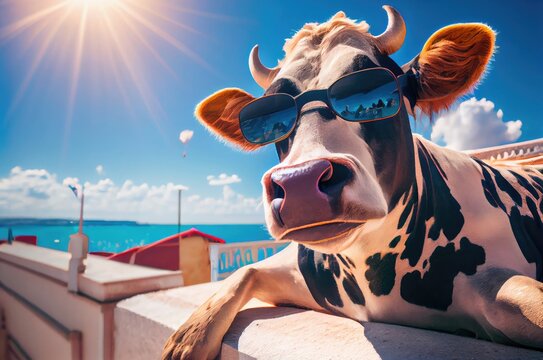 Cow On Beach With Hot Sunshine Generative AI