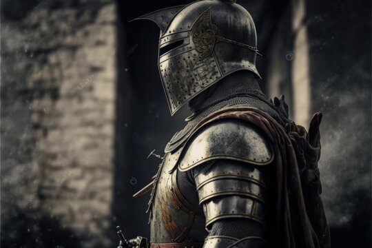 Medieval knight with armor, castle guard, castle in the background. Generative AI