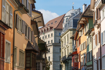 A variery of building designs and colors along Augustinergasse in Zurich