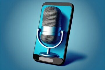 Studio microphone on cell phone screen, podcast concept, blue background. Generative AI