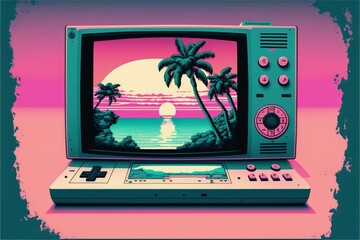 Old video game console with landscape in the background, 16 bit retro. Generative AI	