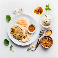 Pupusas on white background food photography. High-quality images capture the traditional flavors and textures of this beloved street food in a modern and sophisticated way. Ideal for cookbooks