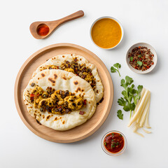 Pupusas on white background food photography. High-quality images capture the traditional flavors and textures of this beloved street food in a modern and sophisticated way. Ideal for cookbooks