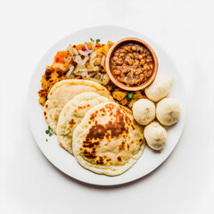 Pupusas on white background food photography. High-quality images capture the traditional flavors and textures of this beloved street food in a modern and sophisticated way. Ideal for cookbooks