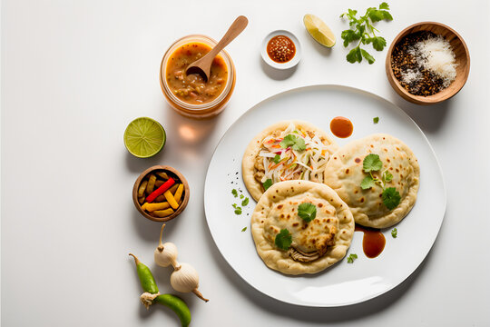 Pupusas on white background food photography. High-quality images capture the traditional flavors and textures of this beloved street food in a modern and sophisticated way. Ideal for cookbooks