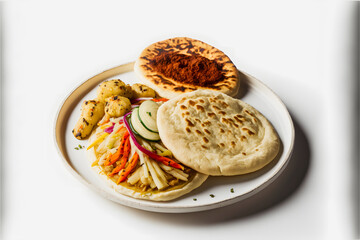 Pupusas on white background food photography. High-quality images capture the traditional flavors and textures of this beloved street food in a modern and sophisticated way. Ideal for cookbooks