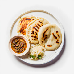 Pupusas on white background food photography. High-quality images capture the traditional flavors and textures of this beloved street food in a modern and sophisticated way. Ideal for cookbooks