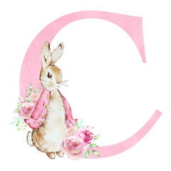 Watercolor letter C with pink Flopsy Rabbit