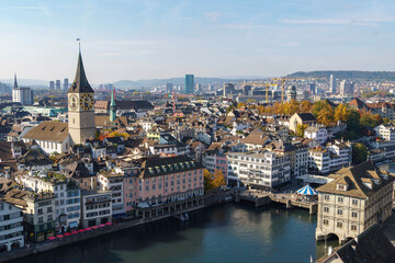 Fototapeta na wymiar Aerial view of the Zurich cityscape. With buildings, bridge, and steeple