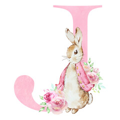 Watercolor letter J with pink Flopsy Rabbit