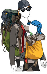 Illustration female hiker with baby carier design vector