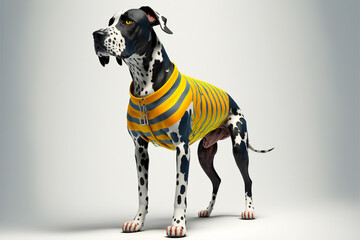 one dog full body, a collection of fashion clothing for dogs, white background. The clothing is made of soft and available in a variety of bright and bold colors, patterns, and prints, generative ai