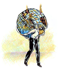 regular guy holding up a damaged world in the manner of Atlas. Illustration