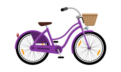 Bicycle with basket color clipart on white background. Isolated vector illustration