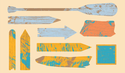 A set of vector rustic vibrantly painted beach signs and oar. Great for Summer, beach recreation and outdoor themes. 