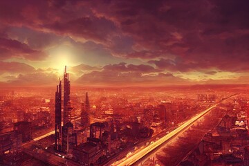 Naklejka premium Hotel building and city construction concept: evening outdoor urban view of modern real estate. Generative AI illustration.