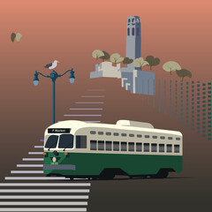 Cable Car and Coit Tower at San Francisco California. Orange sunset , isolated vector & layer illustration for poster, wall art, sticker and any souvenir.