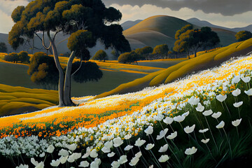 Beautiful wildflowers painting, white and orange flowers field on the hill and mountain painting, wallpaper background. 