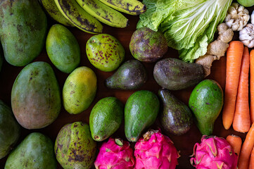 Set of Balinese fruits and vegetables . Flat lay