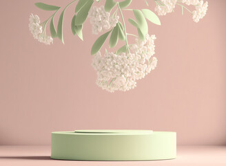 Display Podium Pastel Green and Pink with Beauty White Flower Background Presentation, Generative Ai	