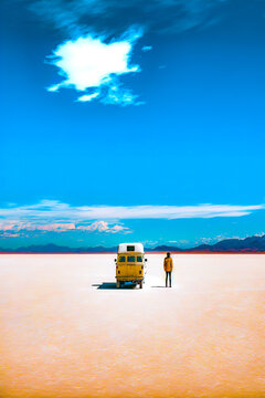 Lonely traveler standing on dessert and old car, back view full body of tourist in long on head standing on dessert against mountains. Generative AI illustration.