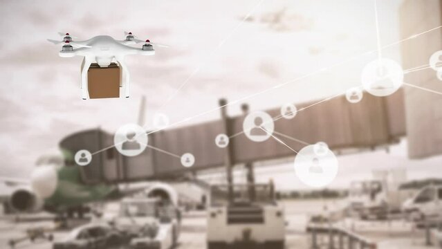 Animation of network of connections with icons and drone with box over airport