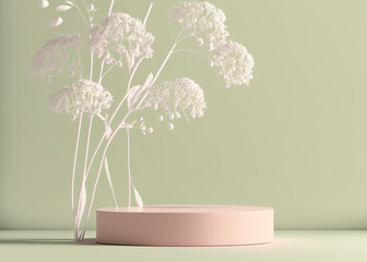 Display Podium Pastel Green and Pink with Beauty White Flower Background Presentation, Generative Ai	