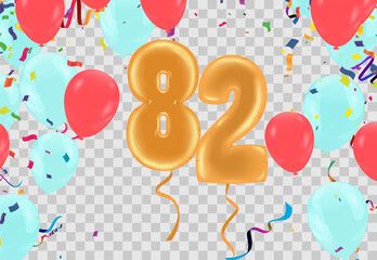 82 birthday Happy birthday, congratulations poster. Balloons numbers with sparkling confetti ribbon, glitter bright