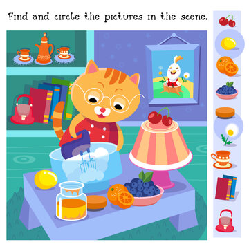 Find and circle objects. Educational puzzle game for children. Cute kitten making cake. Cartoon cat character in kitchen. Vector illustustratuon.