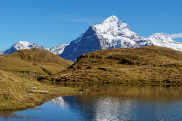 Bachalpsee lake near First, Switzerland with snowy alps above