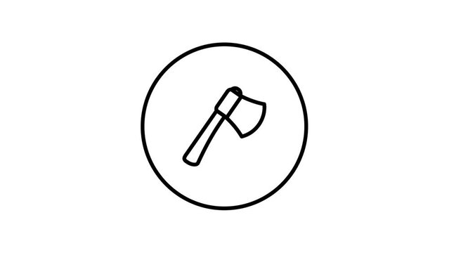 Axe tool, black and white line icon vector illustration in a circle, for web use for lumber work, firefighter, wood, video animation, self drawing