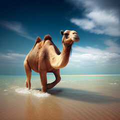 Bactrian camel walks on clear transparent blue water on Red Sea by an exotic beach, generative AI - obrazy, fototapety, plakaty